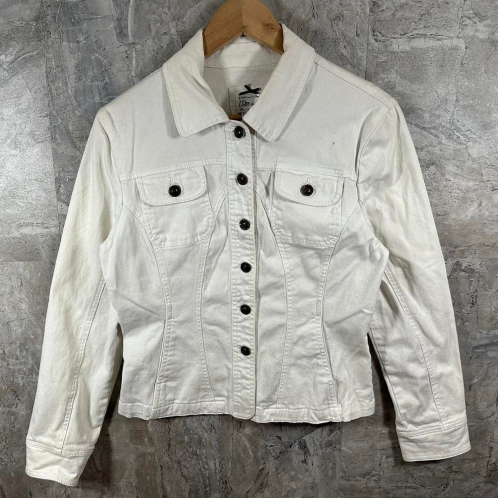 Live a little White denim jacket with black buttons and pockets Size: M #denim
